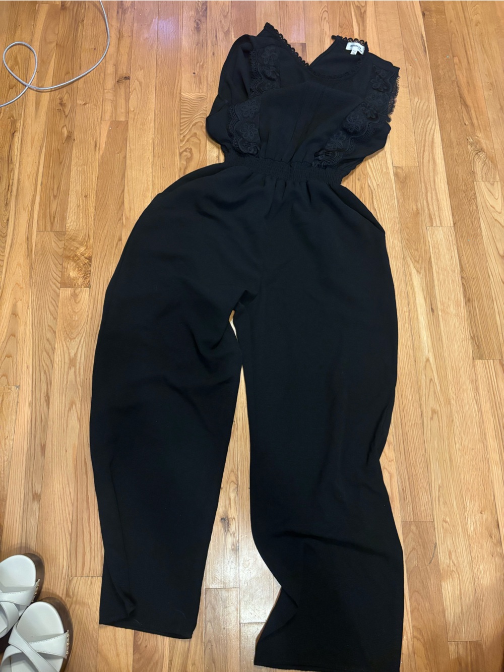 Monteau Black Wide-Leg Lace-Trim Jumpsuit